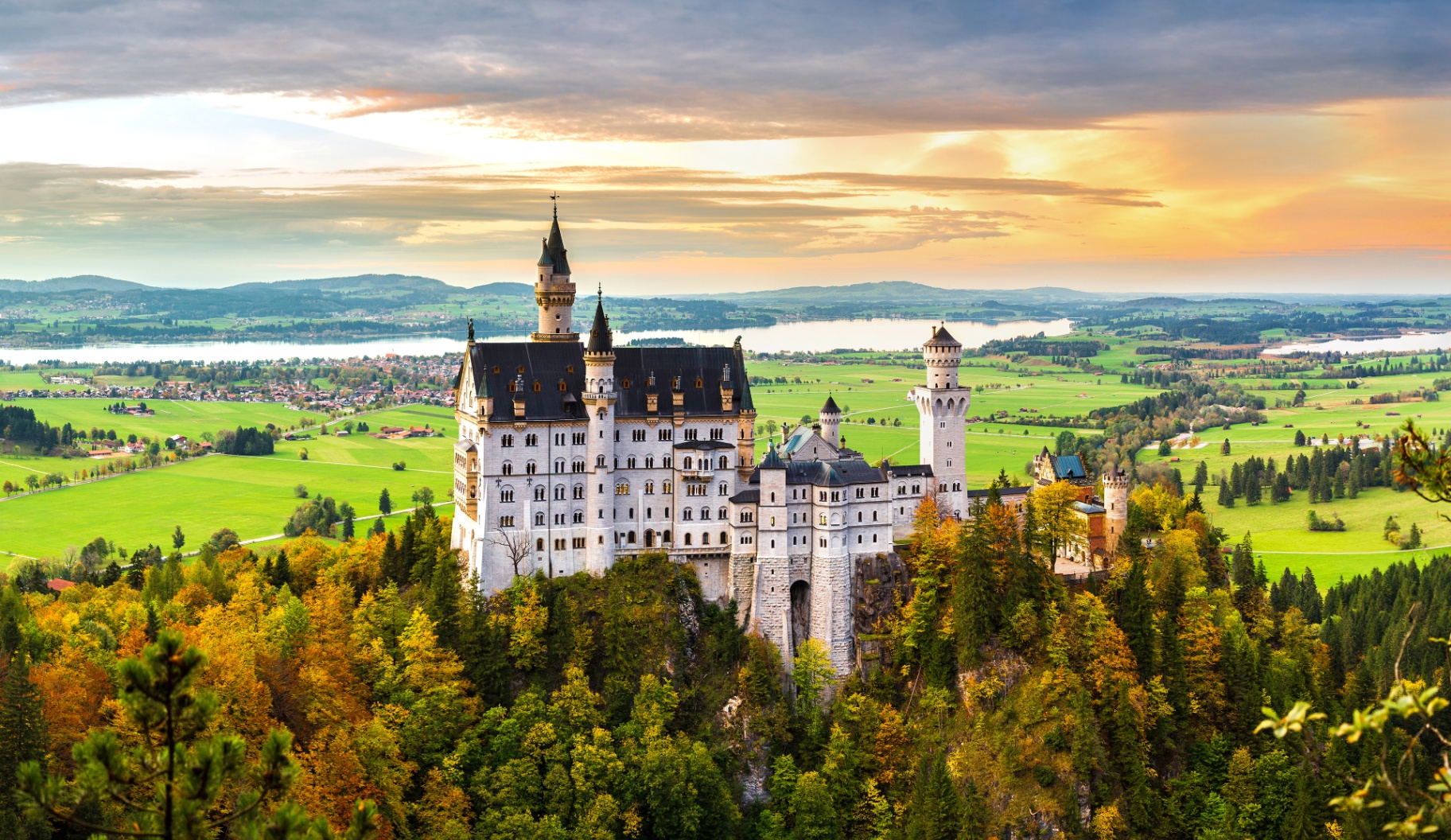 Neuschwanstein Castle from the Marienbrücke at golden hour